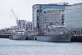 Three Belgian Navy ships berthed together on the River Liffey in Dublin, Ireland.