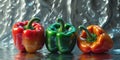 Three Bell Peppers on Silver Textured Background. Royalty Free Stock Photo