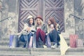 Three best friends enjoying after shopping. Three young girls ma Royalty Free Stock Photo