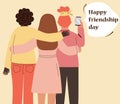 Three best friends take selfie on the phone, hug. Happy girlfriends celebrate friendship day. Cartoon women flat characters,