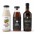 Is a transparent bottle of hazelnut milk with a white label featuring Royalty Free Stock Photo