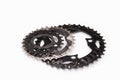 Three bicycle chainwheels and chainring on a white Royalty Free Stock Photo