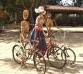 Three bicycle skeletons dressed for halloween party Royalty Free Stock Photo