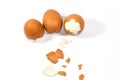 Three big brown eggs is cracking on white background having pieces of egg shell around them, food ingredient for cooking Royalty Free Stock Photo
