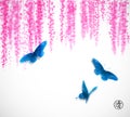 Three big blue butterflies and pink wisteria flowers. Traditional oriental ink painting sumi-e, u-sin, go-hua