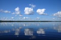 Three big clouds above the mirrored lake Royalty Free Stock Photo