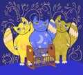 Three big fairy cats lull a small child. Lullaby background Royalty Free Stock Photo