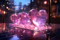 Three big and pink glass 3D hearts on a dark reflective slab surface. Valentine day. Love. A blurred night city with