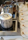 Three big pots in the restaurant with plastic dishes Royalty Free Stock Photo