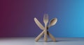 Three biodegradable utensilsâknife, fork, and spoonâare arranged upright on a flat Royalty Free Stock Photo