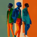 Three BIPOC Black Men Fashion Abstract Orange Green Blue Strength Black History Month Painting Concept Hair Generative AI