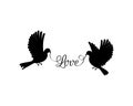 Flying dove silhouettes holding word love, vector