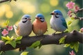 Three birds sitting on a branch with flowers Royalty Free Stock Photo