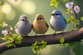 Three birds sitting on a branch with flowers in the background Royalty Free Stock Photo