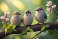 birds sitting on a branch with flowers in the background Royalty Free Stock Photo