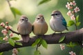 Three birds sitting on a branch with flowers in the background Royalty Free Stock Photo