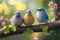 Three birds sitting on a branch with flowers in the background Royalty Free Stock Photo