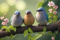 Three birds sitting on a branch with flowers Royalty Free Stock Photo