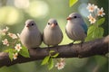 Three birds sitting on a branch with flowers Royalty Free Stock Photo