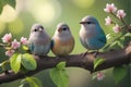 Three birds sitting on a branch with flowers Royalty Free Stock Photo