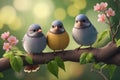 Three birds sitting on a branch with flowers Royalty Free Stock Photo