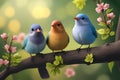 Three birds sitting on a branch Royalty Free Stock Photo