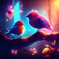 Three birds sitting on the branch of a tree. Illustration. generative AI Royalty Free Stock Photo