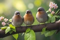 Three birds sitting on a tree branch with flowers in the background Royalty Free Stock Photo