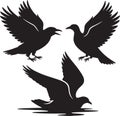 Three black birds vector illustration silhouettes of various poses flying sitting Royalty Free Stock Photo