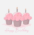 Three Birthday cup cakes with candles and Happy Birthday Text Vector illustration Royalty Free Stock Photo