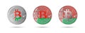 Three Bitcoin crypto coins with the flag of Belarus. Money of the future. Modern cryptocurrency