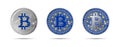 Three Bitcoin crypto coins with the flag of the European Union. Money of the future. Modern cryptocurrency