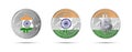 Three Bitcoin crypto coins with the flag of India. Money of the future. Modern cryptocurrency