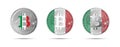Three Bitcoin crypto coins with flag of Italy. Money of the future. Modern cryptocurrency