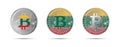 Three Bitcoin crypto coins with the flag of Lithuania. Money of the future. Modern cryptocurrency