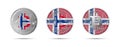 Three Bitcoin crypto coins with the flag of Norway. Money of the future. Modern cryptocurrency