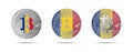 Three Bitcoin crypto coins with the flag of Romania. Money of the future. Modern cryptocurrency