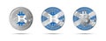 Three Bitcoin crypto coins with the flag of Scotland. Money of the future. Modern cryptocurrency