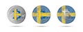 Three Bitcoin crypto coins with the flag of Sweden. Money of the future. Modern cryptocurrency