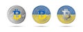 Three Bitcoin crypto coins with the flag of Ukraine. Money of the future. Modern cryptocurrency