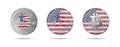 Three Bitcoin crypto coins with the flag of USA. Money of the future. Modern cryptocurrency