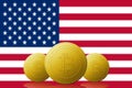 Three Bitcoin cryptocurrency with USA flag on background Royalty Free Stock Photo