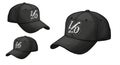 Three black baseball caps with a stylized \