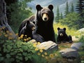 Three Black Bears and Two Cubs