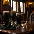 three black beers over a wooden table in a typical irish pub. AI Generated