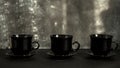 Three black coffee cups on black background Royalty Free Stock Photo