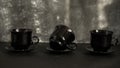 Three black coffee cups on black background Royalty Free Stock Photo