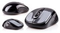 Three black computer mice on a white background, minimalist technology image for modern digital needs Royalty Free Stock Photo