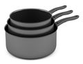 Three black cooking pots on white