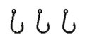 Three black fishing hooks in a row with simple pixel design for fishing enthusiasts